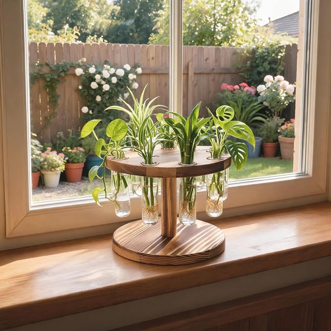 Plant Propagation Station, Plant Terrarium with Wooden Stand, 9 Tube Vases | Retro Rotation Plant Stand for Hydroponics Home Garden Office Decor, Unique Gardening Birthday Gifts for Women Plants Lovers