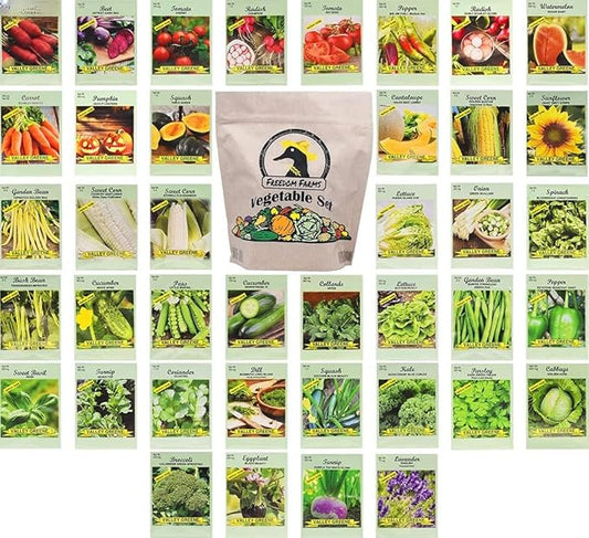 Set of 40 Packs of Assorted Heirloom Vegetable and Herb Seeds – Includes Freedom Farms Vegetable Set Mylar Bag for Optimal Seed Storage! - Non-GMO – Create a Diverse and Plentiful Garden! (40)
