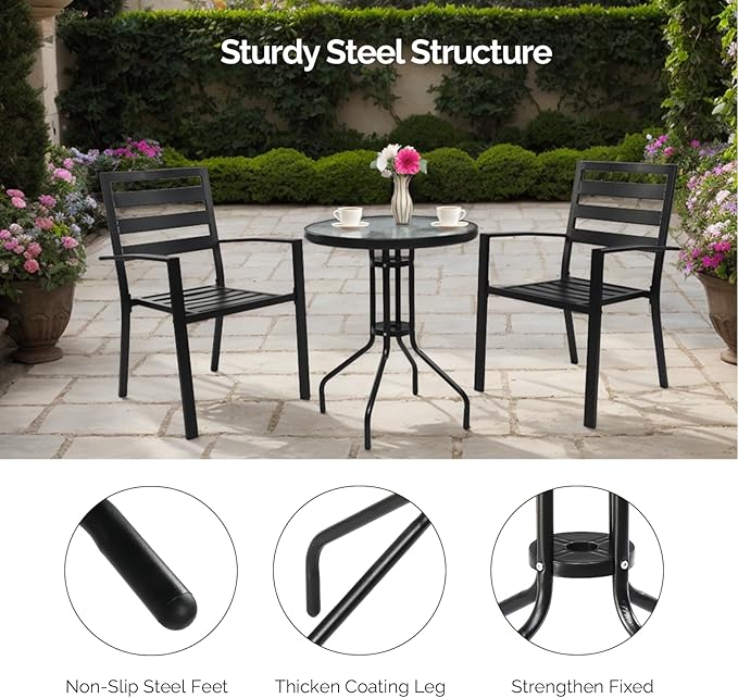 VINGLI Outdoor Bistro Table, 24" Patio Table Steel Frame Tempered Glass Top, Dining Tables for Balcony Garden Poolside (24‘’ Round)