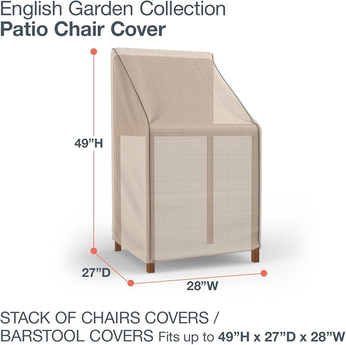 Budge English Garden Patio Stack Chairs & Barstool Cover, Waterproof & UV-Resistant Outdoor Furniture Cover, Fits Stacked Chairs up to 28" W x 27" D x 49" H, Tan Tweed