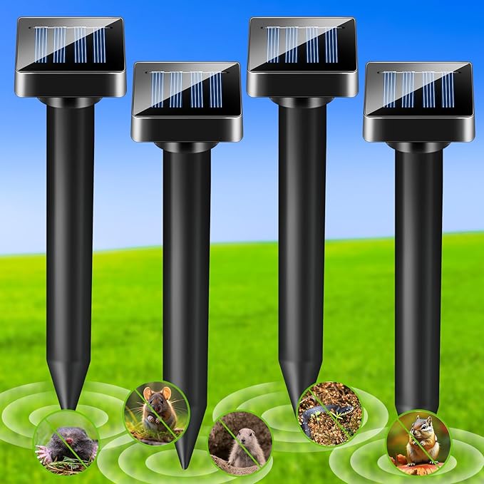 4 Pack Mole Repellent Solar Powered Gopher Repellent Outdoor Waterproof Sonic Mole Deterrent Stake Vole Repellent Spikes Rodent Repellent for Lawns Yard Garden, Getting Rid of Moles Voles Groundhog