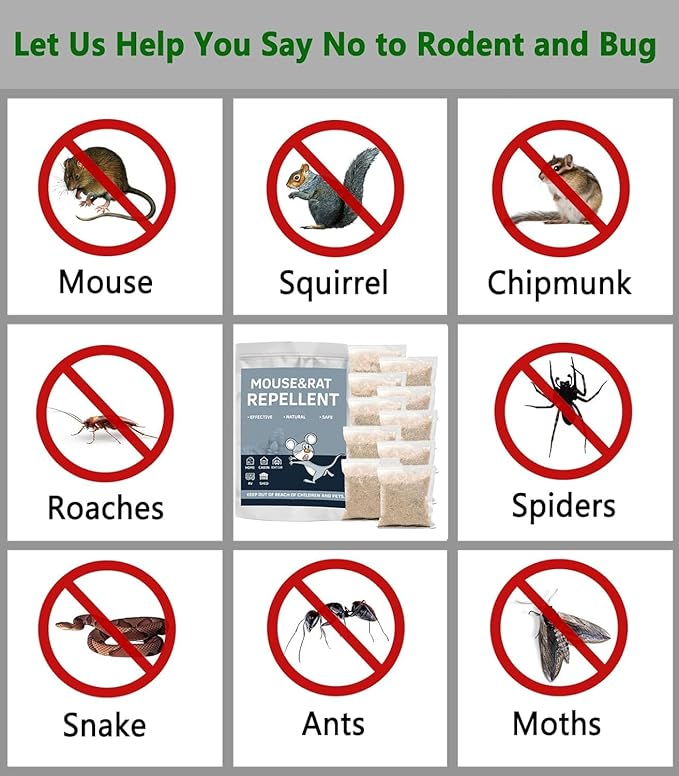Mouse & Rat Repellent Pouches, Long Lasting Peppermint Oil Mice Deterrent for Indoor House, Attic, Basement & Closet, Pest Control for Outdoor Shed, Garage, RV Engine, Camper & Car Storage, 10 Pack
