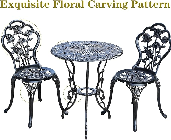 3-Piece Cast Aluminum Outdoor Bistro Set, Outdoor Table and Chairs Set of 2 with Umbrella Hole for Patio Garden (Bronze, Rose)