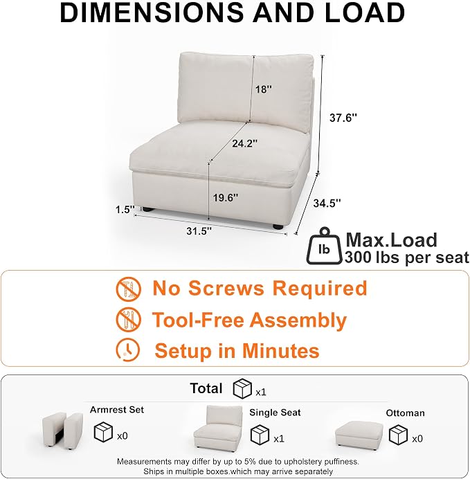 Cloud Sectional Couch with Washable Cover, Wide Deep Seat Modular Sectional Sofa for Living Room, Only Single Seat, Off-White