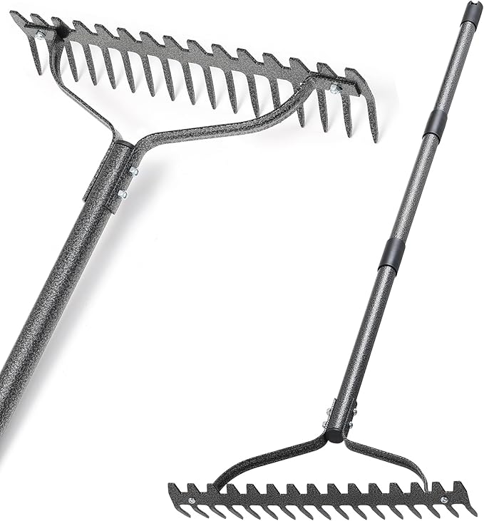 Bow Rake, 63" Adjustable Long Handle Lawn Leveling Garden Rake with 17 Tines, Garden Tool with Heavy Duty Metal for Looseing Soil, Weede Control