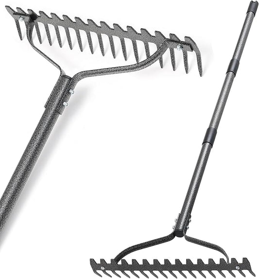 Bow Rake, 63" Adjustable Long Handle Lawn Leveling Garden Rake with 17 Tines, Garden Tool with Heavy Duty Metal for Looseing Soil, Weede Control