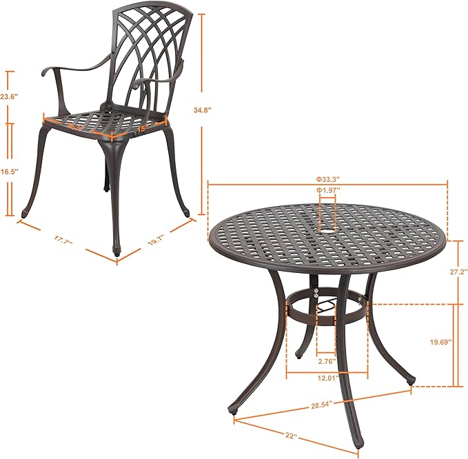 NUU GARDEN 5 Piece Outdoor Patio Dining Set, All-Weather Round Cast Aluminum Dining Table with 1.97"" Umbrella Hole and Outdoor Patio Dining Chairs for Patio, Garden, Backyard, Balcony, Bronze
