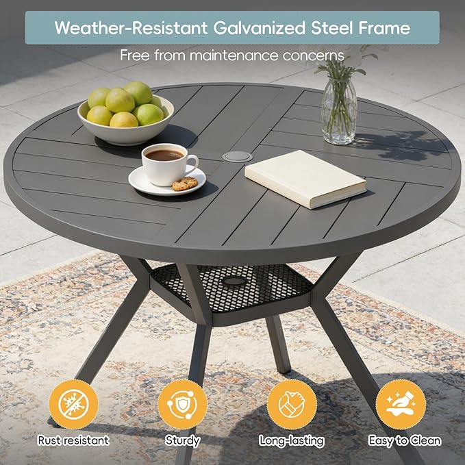 47" Outdoor Patio Table Dining Table, All Weather Metal Round Patio Table with Adjustable Umbrella Hole, Patio Furniture for Lawn Garden Backyard, Grey