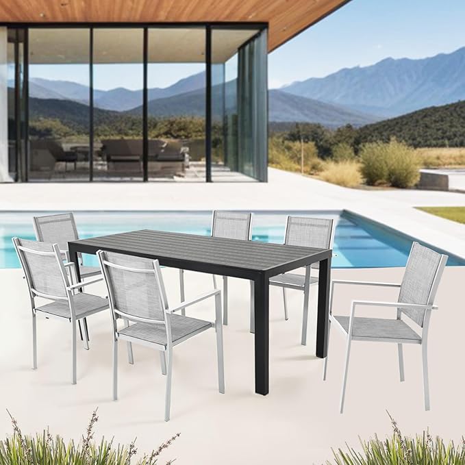Patio Dining Chairs, All-Weather Textilene Outdoor Dining Chair Set of 4, Heavy-Duty Stackable Minimalist Outdoor Chairs with Armrest, Patio Chairs for Lawn Deck Pool, Grey and White