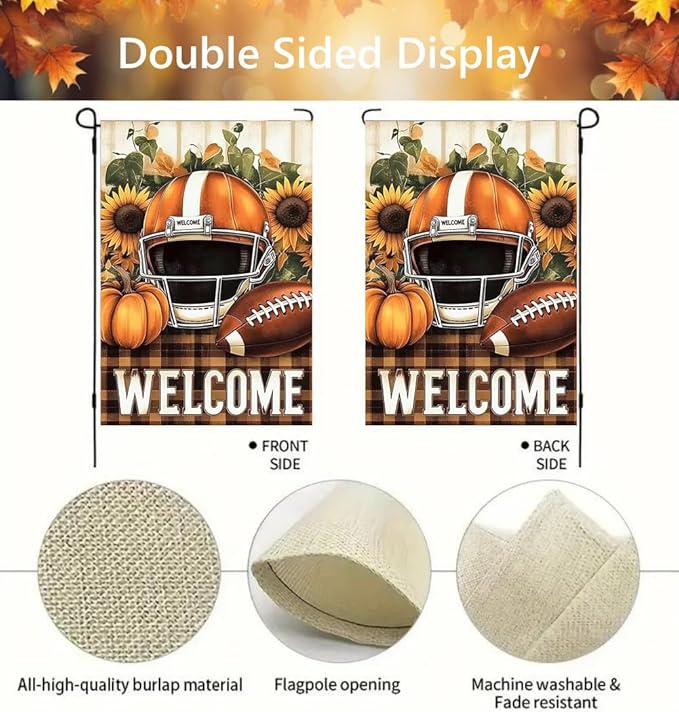 Fall Football Garden Flags for Outside 12x18 Double Sided, Small Burlap Seasonal Rustic Autumn Welcome Garden Flag Fall Decorations for Home Porch, Decorative Outdoor Yard Lawn Flags
