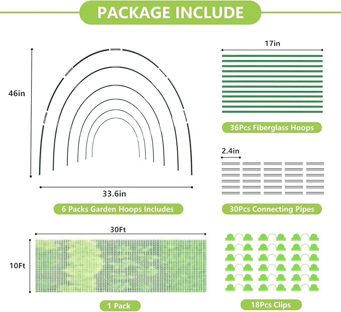 Garden Netting Kit for Raised Beds, 10x30FT Green Ultra Fine Mesh Netting ＆6 Sets of 8FT Garden Hoops, Insect Netting Row Cover Net Protect Plants Vegetable Fruits Flowers