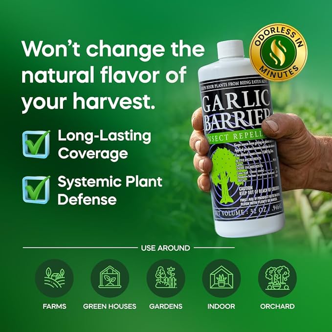 Liquid Garlic Insect Repellent Concentrate, 32 fl oz – OMRI Listed Garlic-Based Formula for Farms, Crops, Gardens & Greenhouses – Indoor & Outdoor Plant Protection