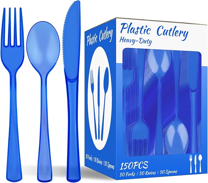 150 PCS Plastic Silverware Disposable Silverware Heavy Duty Utensil Sets 50 Of Each Forks Knives & Spoons Disposable Cutlery Set For Easter,Birthday,Baby Shower,Garden Party,Wedding(150,Blue)