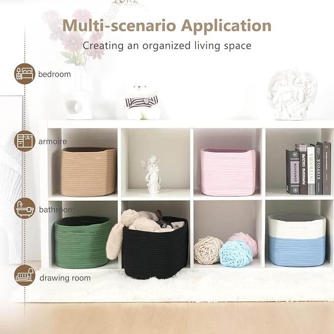 ECDYQXVU 15x10x9 Inch Woven Cotton Rope Storage Basket, 3 Pack | Foldable Design, Built-in Handles, Space-saving Organizer for Living Room, Bedroom, Laundry, Shelves, Clothes, Towels