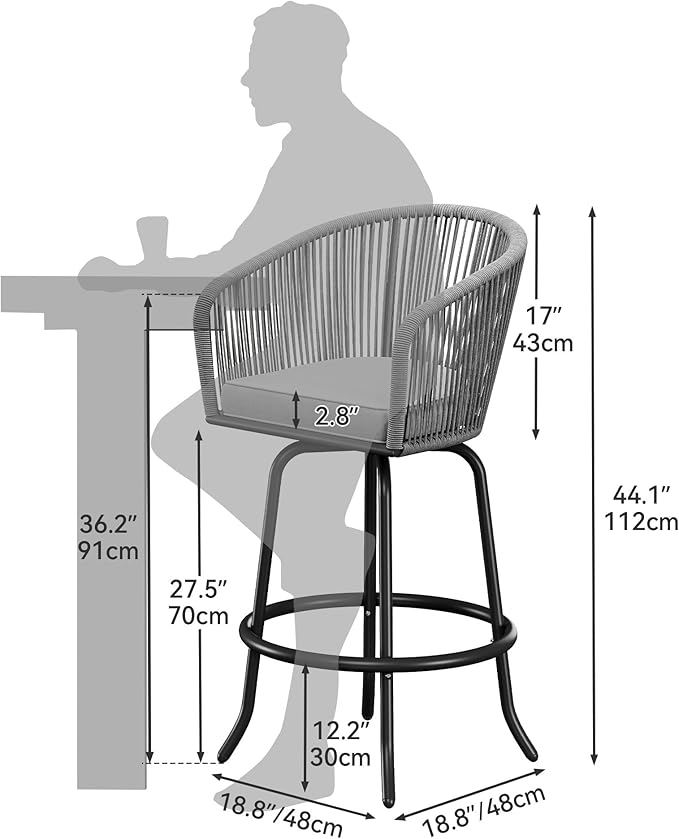 YITAHOME Counter Height Bar Stools Set of 2, Outdoor Bar Stools with Soft Cushions, Patio Rattan Swivel Bar Chairs for Backyard Poolside, Garden w /360 Rotation (Gray)