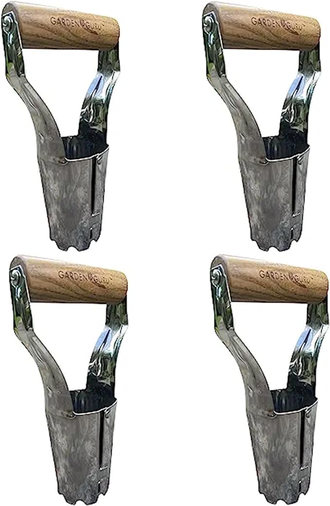 Garden Guru Eco Bulb Planter - 100% Recycled Stainless Steel - Rust Resistant - FSC Certified Wood Ergonomic Handle - Depth Marker for Consistent Planting Flowers Tulips, Daffodils, Dahlias (4 Pack)