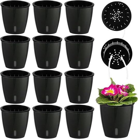Planterhoma 5 Inch Self Watering Pots for Indoor Plants, 12 Packs African Violet Pots with Indicator, Black Wick Pot with Drainage Holes, Self Watering Planters for Orchid, Devil's Ivy, Black