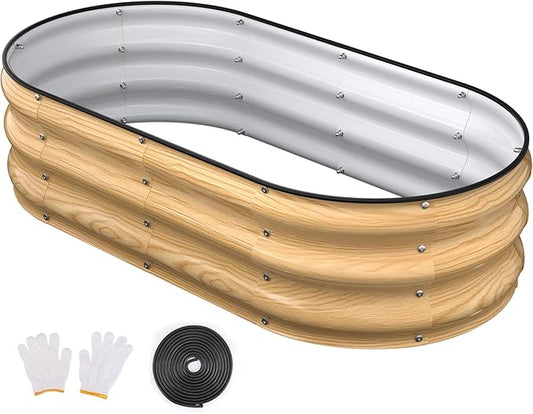 4x2x1FT Galvanized Raised Garden Beds,Raised Garden Bed with Safety Edging and Gloves,Oval Metal Planter Box for Gardening Vegetables Flowers Herb-Natural Oak