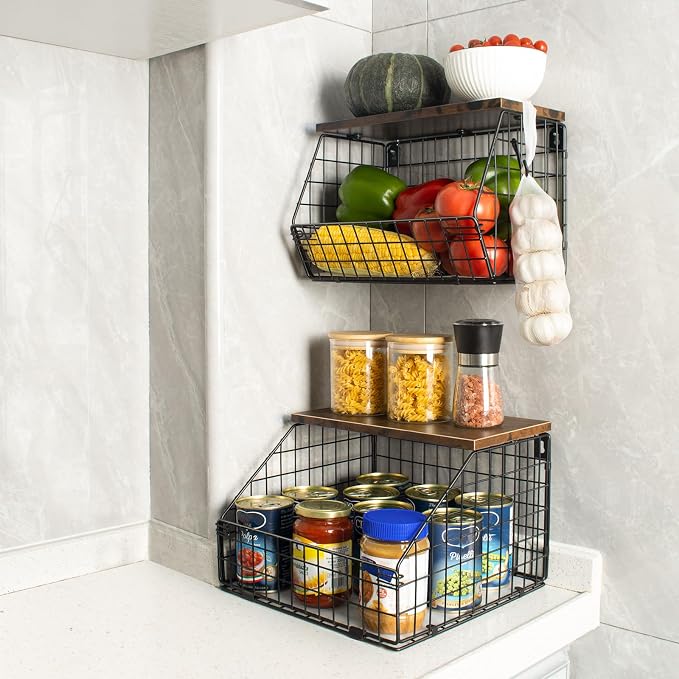 Mefirt Fruit Basket, Stackable Wall Mounted Fruit Baskets, Potato Baskets Onion Storage for Kitchen, Hanging Wire Basket with Wood Lid, 2-Tier Vegetable Organizer Kitchen Countertop Organization | Hanging Potato Basket Wire Basket with Wood Lid, 2-Tier...