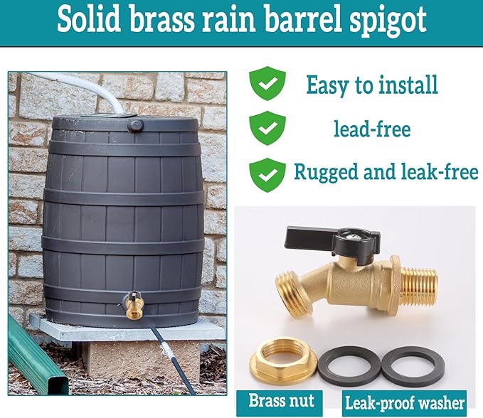 Brass Water Container Rain Barrel Spigot/Faucets， Lead-Free Compliant Spigot 1/2" Inlet to 3/4"GHT Male Thread Outlet with Quarter Turn Spigot Include Bulkhead Fitting and Washers