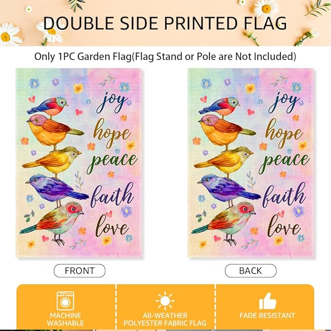 Joy Hope Peace Faith Love Garden Flags for Outside, Funny Birds Spring Yard Sign, Christian Catholic Outdoor Lawn Porch Banner, Kindness Peace Equality Bible Verse Yard Décor