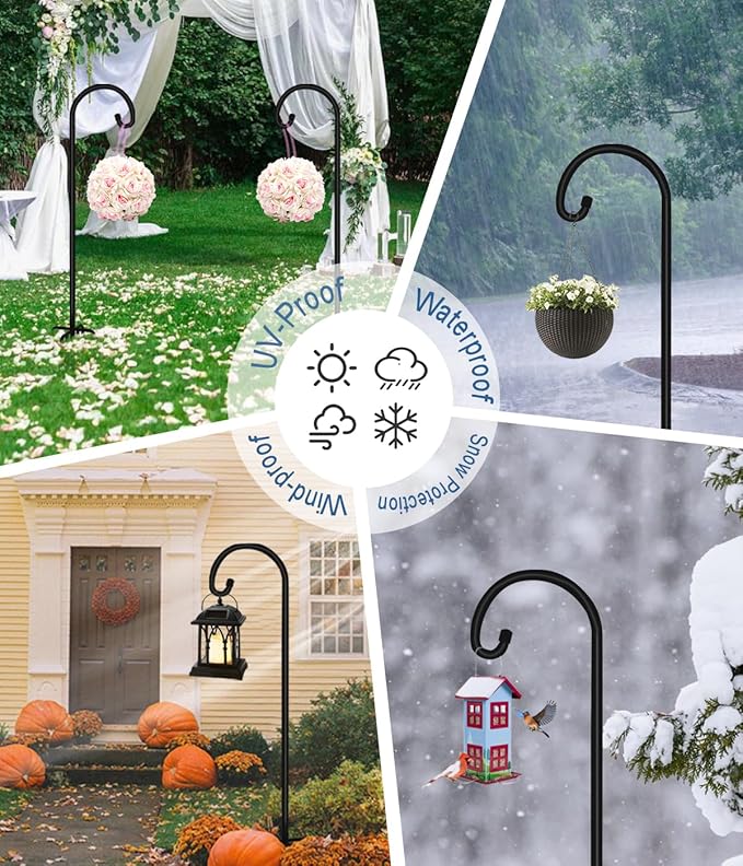 Artigarden 92 inch Outdoor Shepherd Hook with 5 Prong Base (2 Packs), Adjustable Heavy Duty Garden Hanging Stake for Bird Feeder Solar Light Plant Hanger Wedding Decor, Matte Black