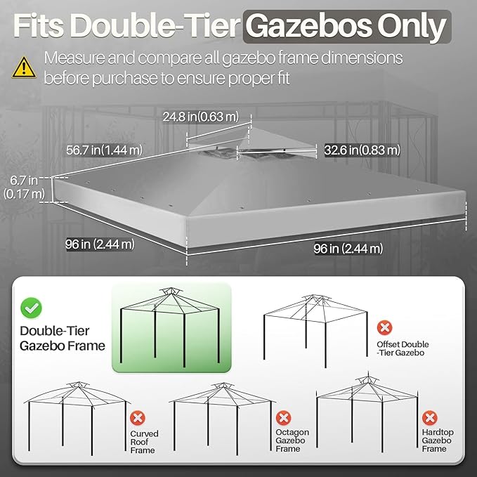 Flexzion Gazebo Cover Replacement Canopy Top 8x8 Ft (2.4m x 2.4m) - Double Tier Top Canopy Cover Replacement with UV30+, Dirt, Water Resistant for Outdoor, Sunshade, Garden, Patio, Pavilion (Gray)