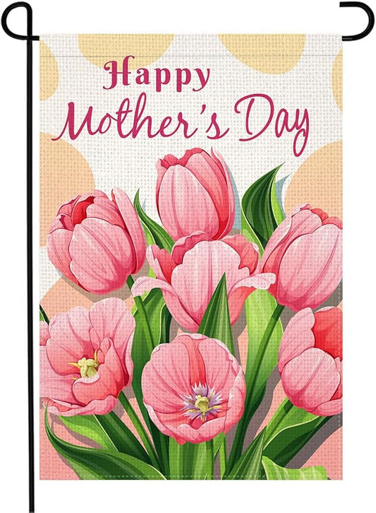 Doncida Happy Mother’s Day Garden Flag 12x18 Inch Burlap Double Sided Pink Tulip Floral Yard Flag Farmhouse Holiday Outside Decorations