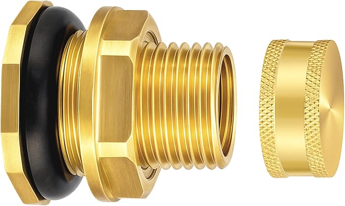 Wantmatch Brass Bulkhead Fitting with Plug Double-Threaded 1/2 NPT to 3/4 GHT Tank Adapter for Water Tanks, Rain Barrels, Garden Hoses Corrosion Resistant, Easy to Install