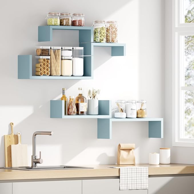 SRIWATANA Blue Floating Shelves, Set of 5 Wood Wall Mounted Display Shelf | Versatile Wood Shelves in 5 Different Sizes; Flexible DIY Layout to Fit Any Space in Bathroom, Bedroom, or Kitchen