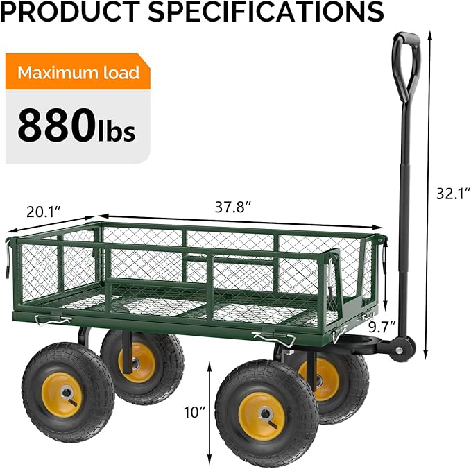 VINGLI Heavy Duty 800 LBS Mesh Steel Garden Cart, Detachable Utility Wheelbarrow, Yard and Garden Wagon Cart with Removable Sides and 10 Inch Wheels (Green)