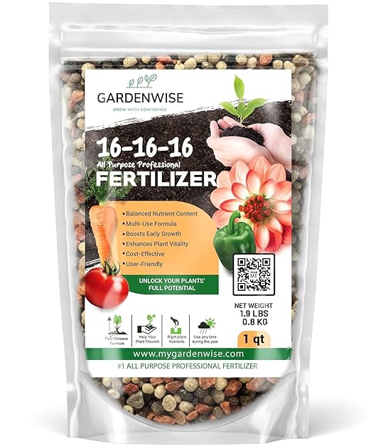 GARDENWISE 16-16-16 All Purpose Professional Fertilizer - Lawn, Flower, Tree, Shrub & Vegetable Garden Fertilizer (1 Quart)