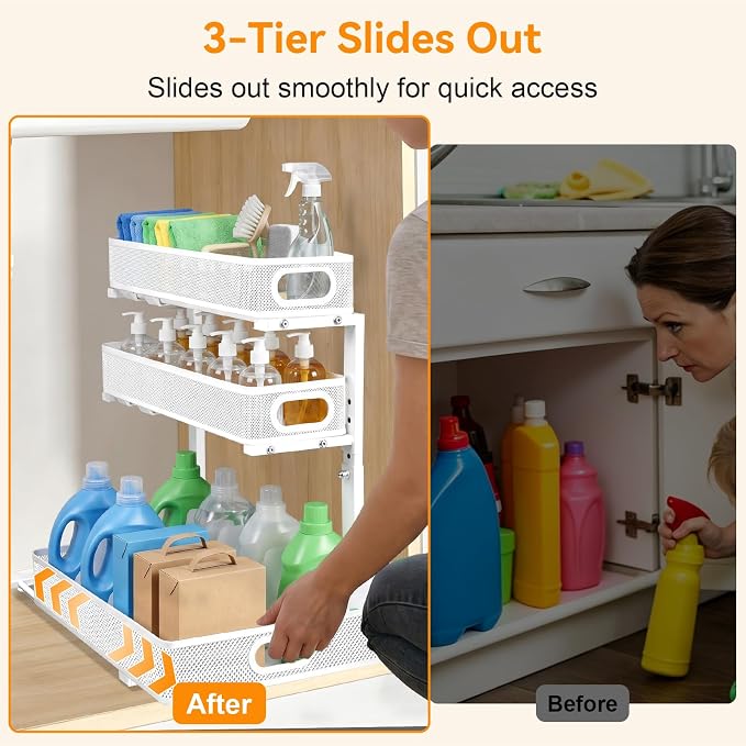 3 Tier Adjustable Under Sink Organizer for Bathroom & Kitchen(1Pack, White)