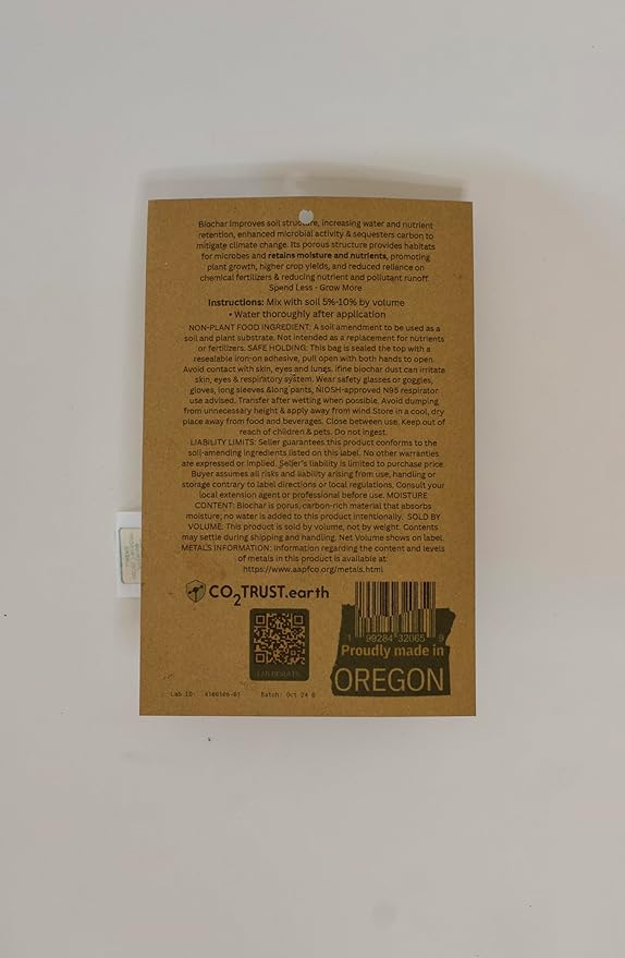 Premium Biochar Soil Amendment - Lab Tested - Upcycled Linen Bag - High Carbon Content 80% - Garden, Lawns & Farm Ready - 5 oz