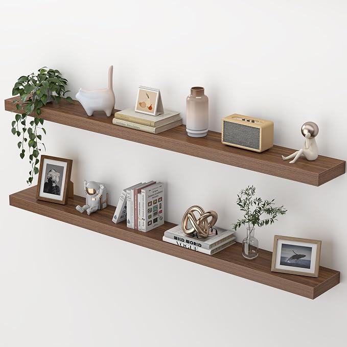 Heimlove 55 Inch Floating Shelves for Wall,Extra Long Mounted Storage wall Shelves with Invisible Metal Bracket for Bedroom Living Room Kitchen Office Set of 2,Walnut Color