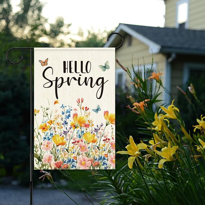 Hello Spring Flags for Outside,Floral Butterfly Garden Flag for Yard Patio Lawn Decoration,12x18 Inch Double Sided