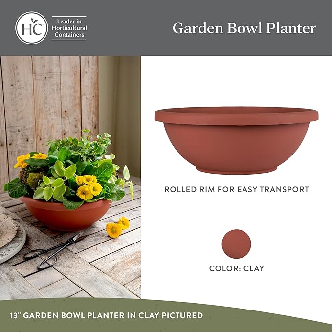 The HC Companies 13 Inch Shallow Garden Bowl Plant Pot with Drainage, Lightweight UV-Resistant Plastic Planters for Succulents, Herbs & More, 2-Pack Planters for Indoor Outdoor Home Decor, Clay