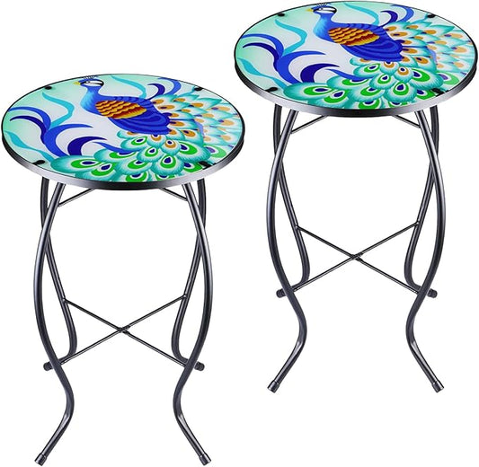 Arbuxzuy 2PCS 12 Inch Small Outdoor Side Table with Colorful Peacock, Glass Mosaic Patio Table Indoor, Round Plant Coffee Table for Living Room, Balcony, Garden