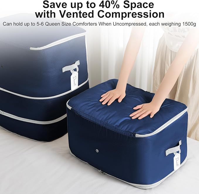 Comforter Storage Bag -Large Capacity Blanket Storage Bags 3-Layer Ultra Space Saving Self Compression Organizer, Washable Compression Bags for Storage Comforter Blanket, 4-Pack, Navy Blue