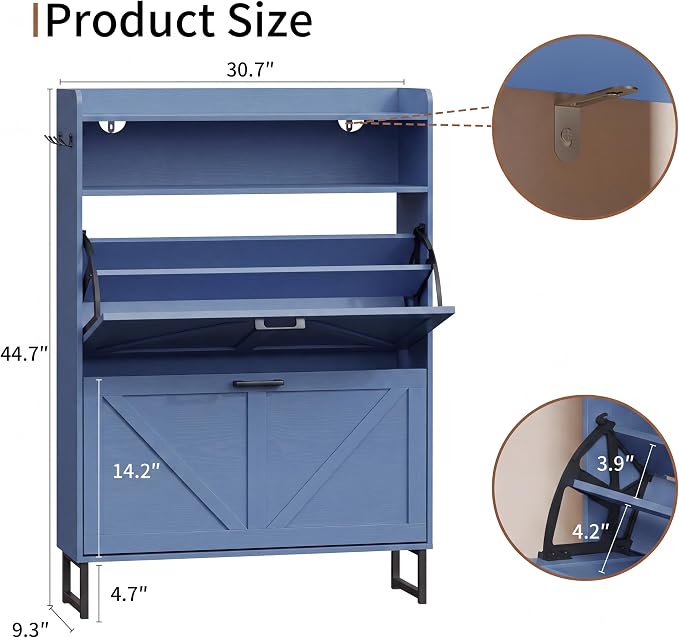 Xixini Shoe Storage Cabinet with 2 Flip Drawers, Entryway Shoe Rack, Blue