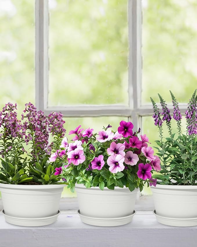 VIDELLY 10 Inch Flower Pots 4-Pack, Plastic Planters with Drainage Hole & Tray, Indoor Outdoor Plant Pots for House Plants, Garden, Patio, Office, Home Decor – Modern Decorative Plant Containers
