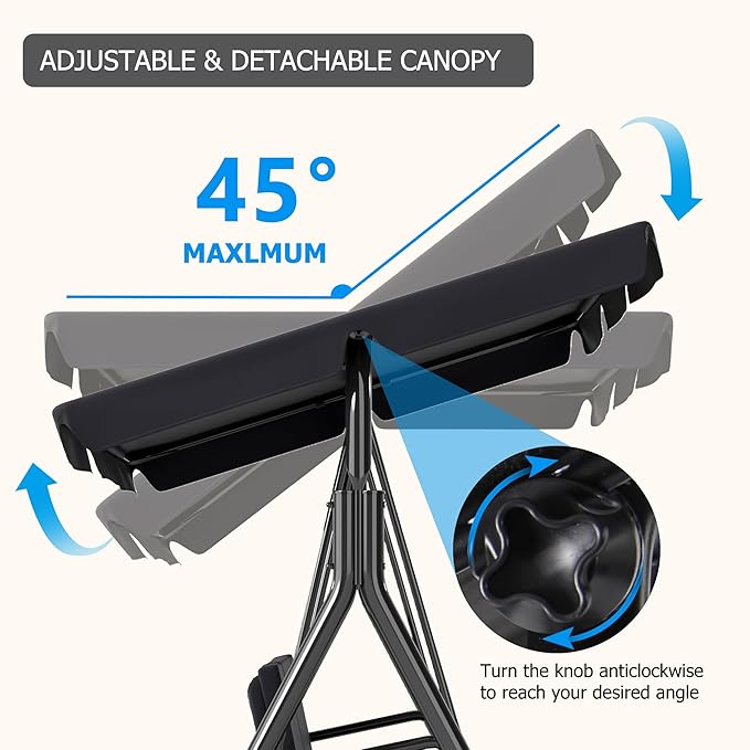 3-Seat Patio Swing Chair,Outdoor Porch Swing with Adjustable Canopy and Durable Steel Frame for Patio, Garden, Poolside (Black)