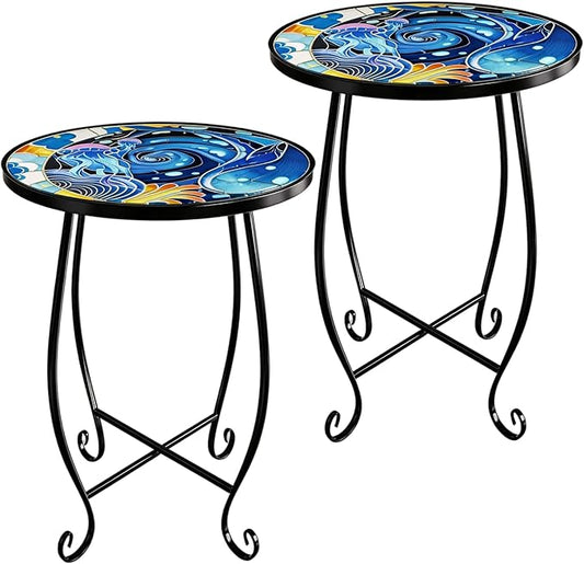 15 Inch Jellyfish Mosaic Side Tables (Set of 2) - Small Outdoor Round Folding Tables with Weather-Resistant Metal Frame, Coastal Accent End Table for Patio, Balcony, Garden