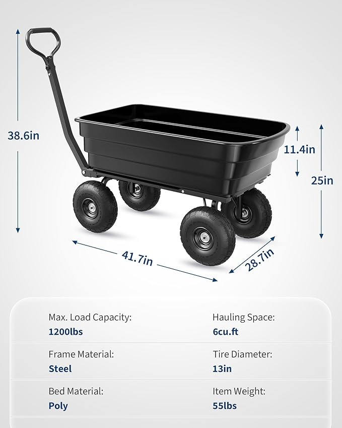 Garden Dump Cart, 1200 Lb Capacity Heavy Duty Utility Cart, Wheelbarrow with 180° Pivot Handle for Yard, Lawn & Gardening(Black)