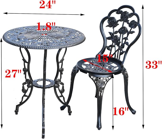 3-Piece Cast Aluminum Outdoor Bistro Set, Outdoor Table and Chairs Set of 2 with Umbrella Hole for Patio Garden (Bronze, Rose)