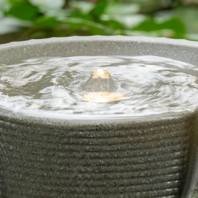 9.84” H Small Outdoor Water Fountain Made with Eco-Friendly Recyclable Materials, Polyethylene Bubbler Water Fountain, Outdoor Tabletop Decor with LED Lights for Patio, Porch, Backyard (9.84")