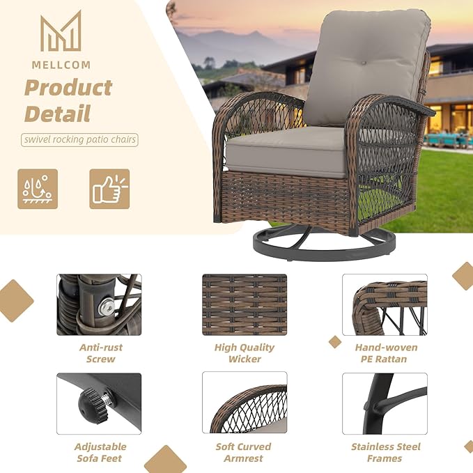 MELLCOM 3 Pieces Patio Furniture Set, Outdoor Swivel Rocker Patio Chairs, Wicker Patio Bistro Set with Rocking Chair, Thickened Cushions and Glass Coffee Table for Backyard, Garden, Grey