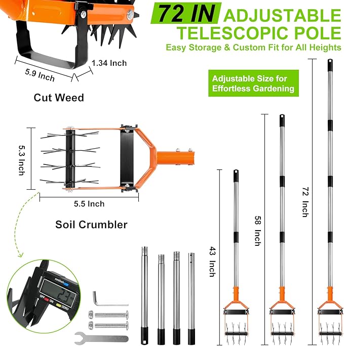 Rotary Cultivator Garden Rotary Tiller with Adjustable Stainless Steel 43"-72" Long Handle,Heavy Duty Hand Rolling Tiller Tines Garden Tool for Aerate