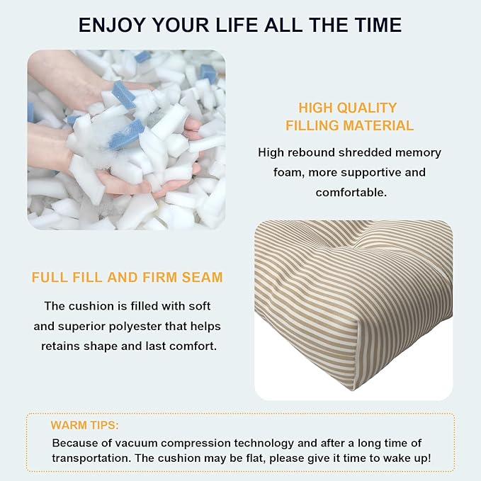 DYTXIII Set of 2 Outdoor Chair Cushions 19"x19"x4", Water Repellent Tufted Patio Seat Cushions with Ties, Thick Replacement Pads for Wicker Dining Chairs, Patio Furniture, Stripe Beige