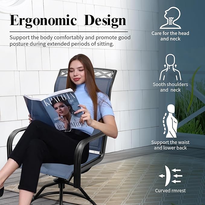 SHGJ&SOFT Patio Swivel Chairs, Waterproof Outdoor Dining Chairs with All-Weather Textilene Mesh for Deck, Garden, and Backyard (Patterned Backrest-Blue, Set of 2)